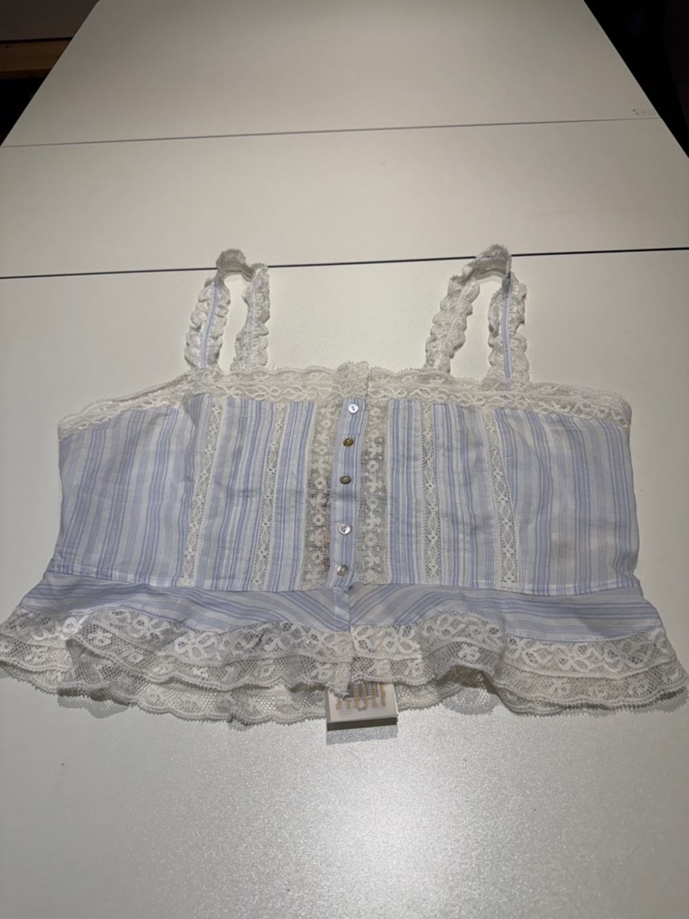 LoveShackFancy White and Light Blue Lace-Trim Striped Top XL